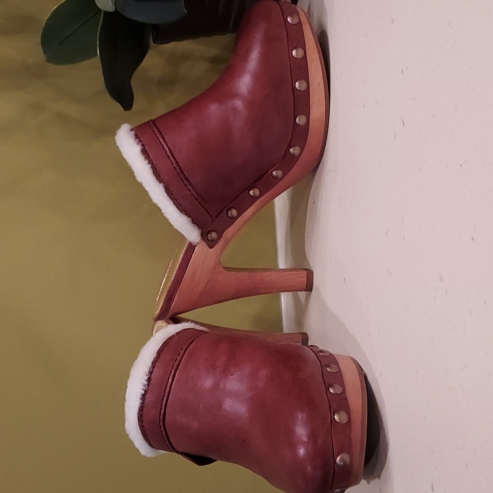 Coach-Georgia waxy leather mules.  Whiskey with soft lining and wood heel.  7.